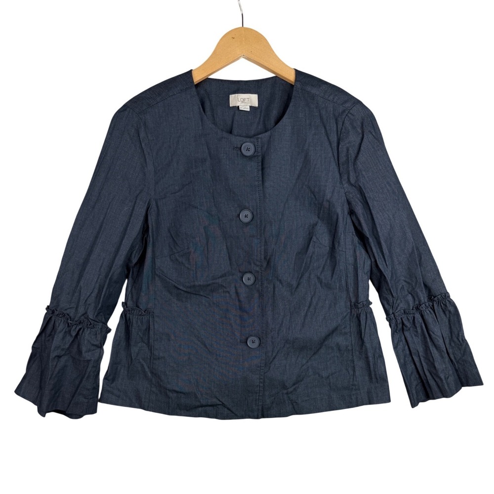 Loft Dark Chambray Bell Sleeve Ruffle Crop Jacket size‎ Small Blue